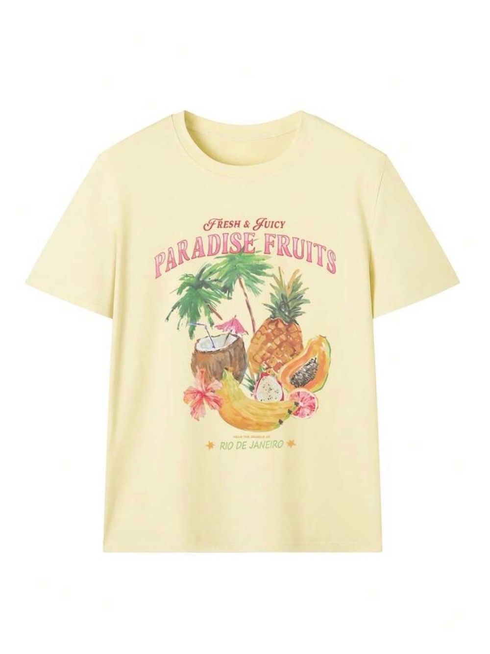 SHEIN Women’s Yellow Summer Tropical Fruit Print T-Shirt Size Small